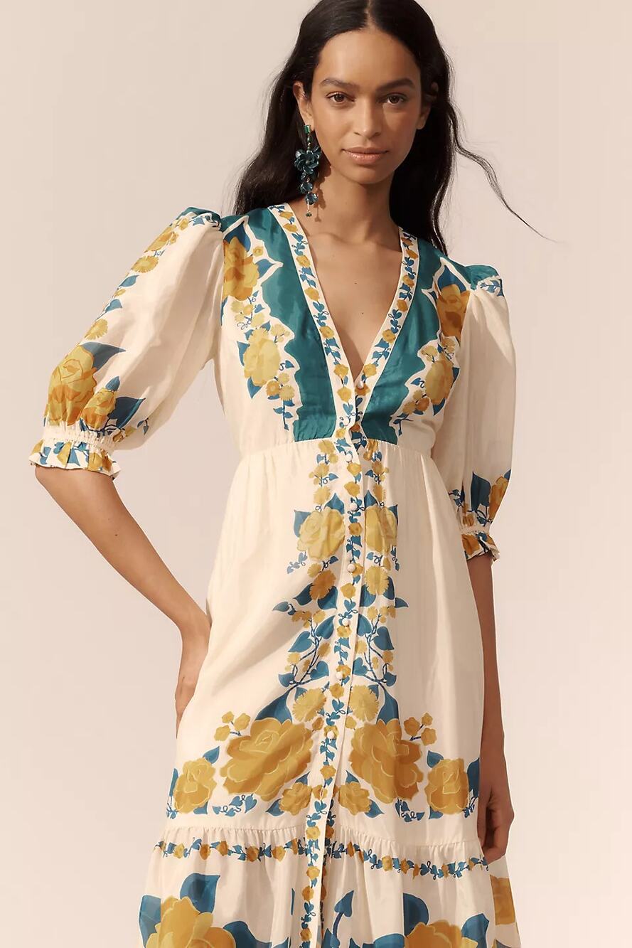NWOT Farm Rio x Anthropologie Puff-Sleeve Printed Midi Dress Multicolor Size M